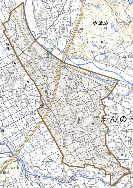 吉野下とその周辺の地図。町の範囲を重ねている