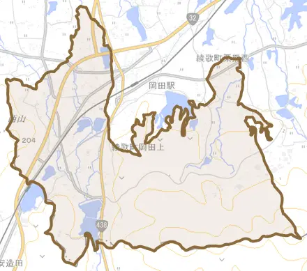 綾歌町岡田上とその周辺の地図。町の範囲を重ねている