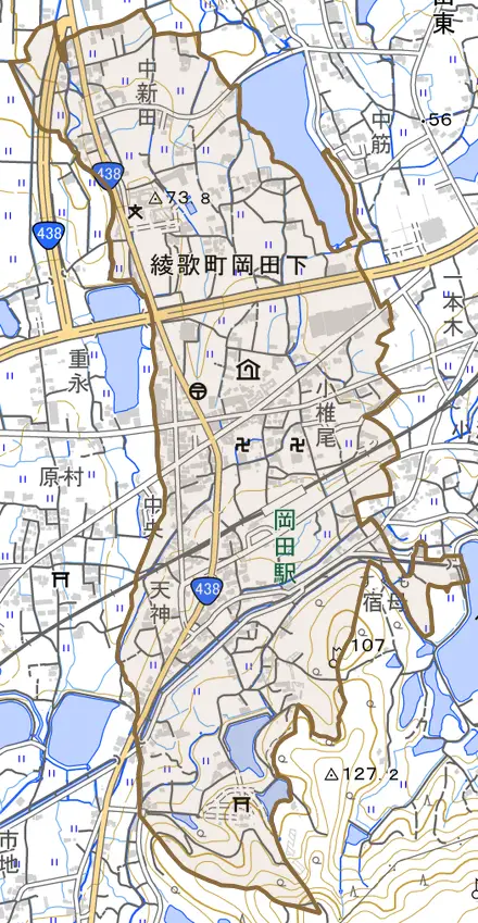 綾歌町岡田下とその周辺の地図。町の範囲を重ねている