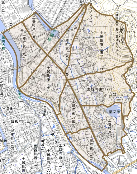 土器町東とその周辺の地図。町の範囲を重ねている