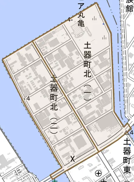 土器町北とその周辺の地図。町の範囲を重ねている