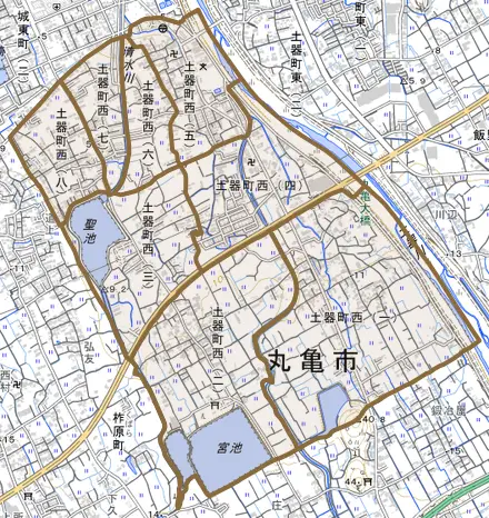 土器町西とその周辺の地図。町の範囲を重ねている