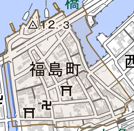福島町とその周辺の地図。町の範囲を重ねている
