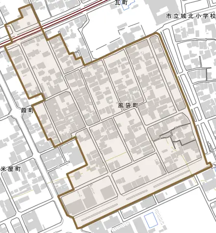 風袋町とその周辺の地図。町の範囲を重ねている