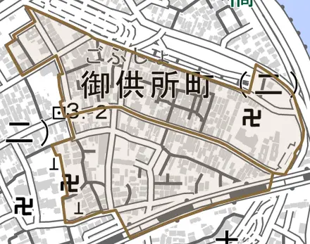 御供所町とその周辺の地図。町の範囲を重ねている