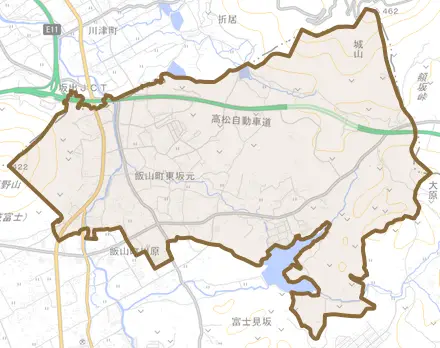 飯山町東坂元とその周辺の地図。町の範囲を重ねている