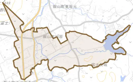 飯山町川原とその周辺の地図。町の範囲を重ねている