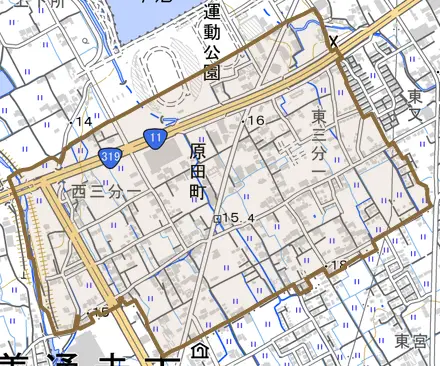 原田町とその周辺の地図。町の範囲を重ねている
