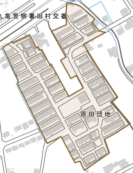 原田団地とその周辺の地図。町の範囲を重ねている
