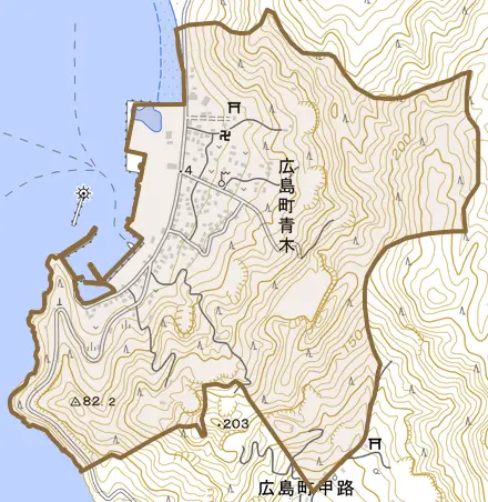 広島町青木とその周辺の地図。町の範囲を重ねている