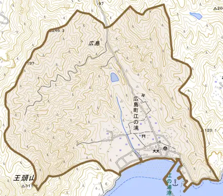 広島町江の浦とその周辺の地図。町の範囲を重ねている