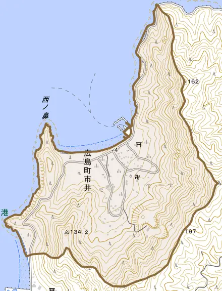 広島町市井とその周辺の地図。町の範囲を重ねている