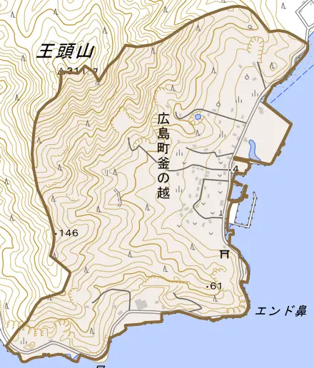 広島町釜の越とその周辺の地図。町の範囲を重ねている