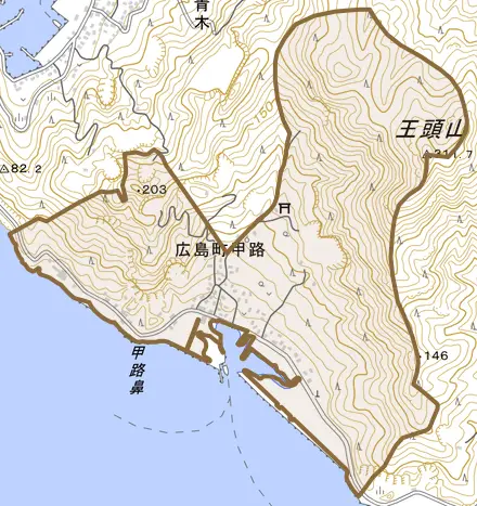 広島町甲路とその周辺の地図。町の範囲を重ねている