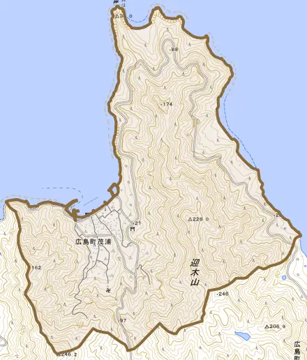 広島町茂浦とその周辺の地図。町の範囲を重ねている
