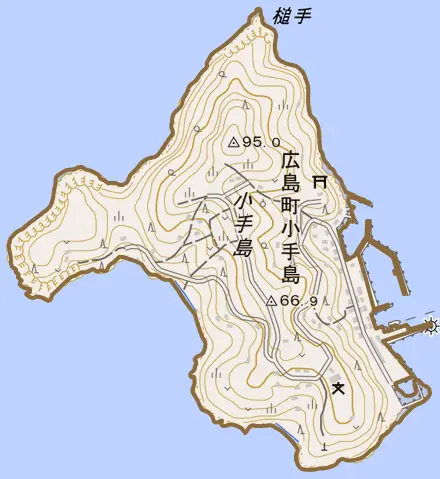 広島町小手島とその周辺の地図。町の範囲を重ねている