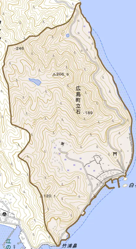広島町立石とその周辺の地図。町の範囲を重ねている