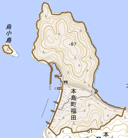 本島町福田とその周辺の地図。町の範囲を重ねている