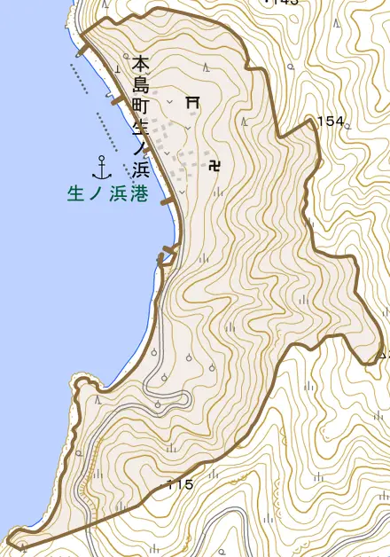 本島町生ノ浜とその周辺の地図。町の範囲を重ねている