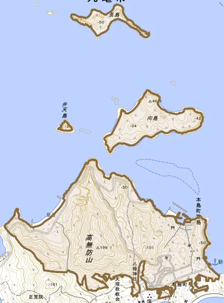 本島町笠島とその周辺の地図。町の範囲を重ねている