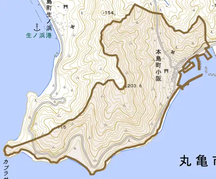 本島町小阪とその周辺の地図。町の範囲を重ねている
