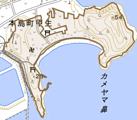 本島町甲生とその周辺の地図。町の範囲を重ねている