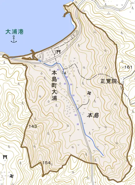 本島町大浦とその周辺の地図。町の範囲を重ねている