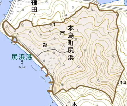 本島町尻浜とその周辺の地図。町の範囲を重ねている