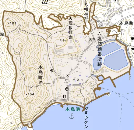 本島町泊とその周辺の地図。町の範囲を重ねている