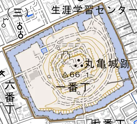 一番丁とその周辺の地図。町の範囲を重ねている