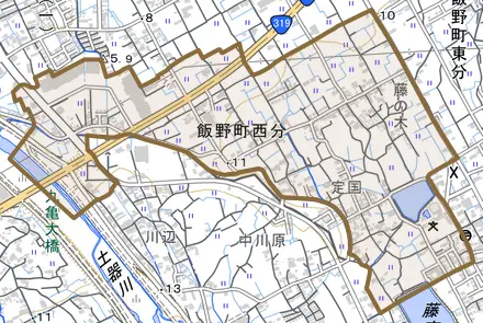 飯野町西分とその周辺の地図。町の範囲を重ねている