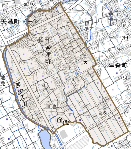 今津町とその周辺の地図。町の範囲を重ねている