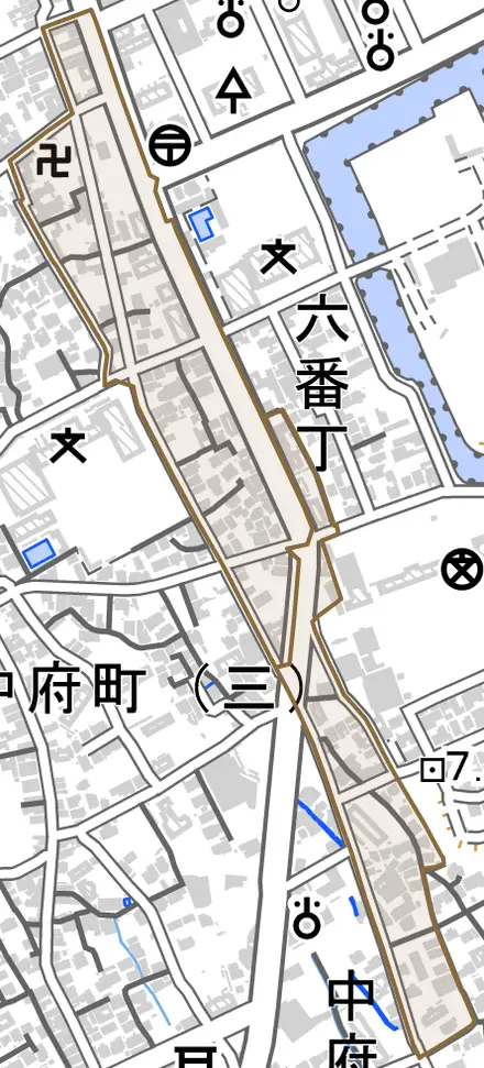 城西町とその周辺の地図。町の範囲を重ねている