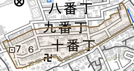 十番丁とその周辺の地図。町の範囲を重ねている