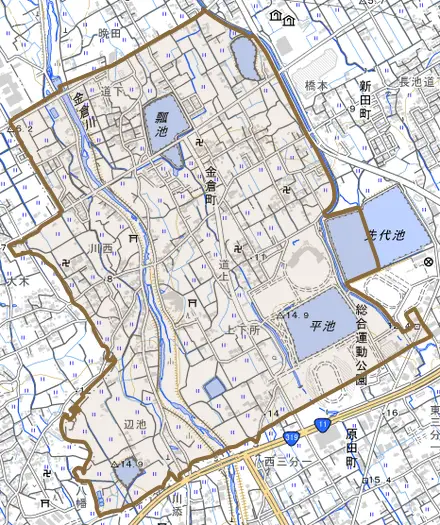 金倉町とその周辺の地図。町の範囲を重ねている