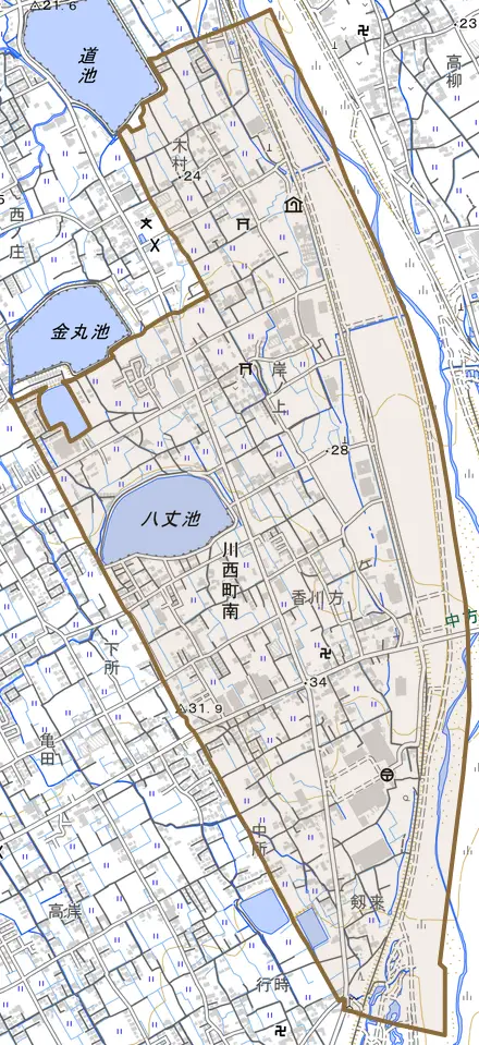 川西町南とその周辺の地図。町の範囲を重ねている