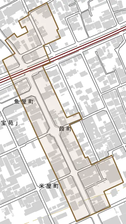 葭町とその周辺の地図。町の範囲を重ねている