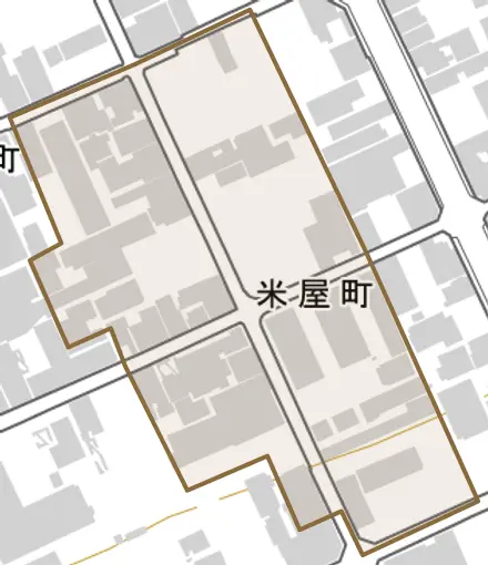 米屋町とその周辺の地図。町の範囲を重ねている