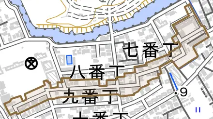 九番丁とその周辺の地図。町の範囲を重ねている