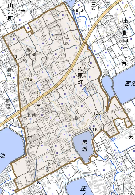 柞原町とその周辺の地図。町の範囲を重ねている