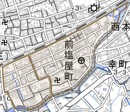 前塩屋町とその周辺の地図。町の範囲を重ねている