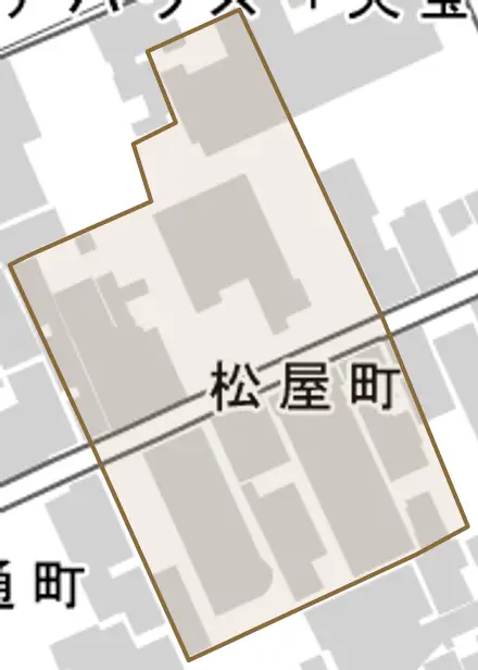 松屋町とその周辺の地図。町の範囲を重ねている