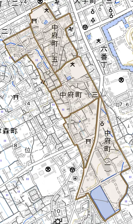 中府町とその周辺の地図。町の範囲を重ねている