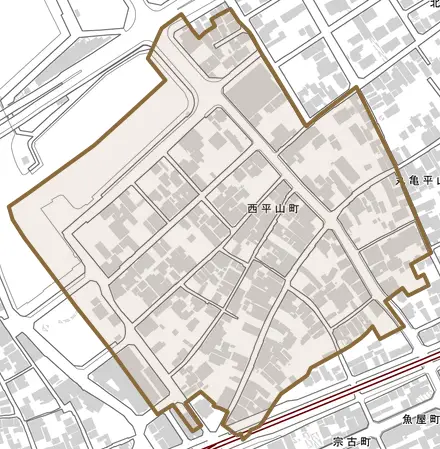 西平山町とその周辺の地図。町の範囲を重ねている