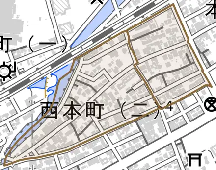 西本町とその周辺の地図。町の範囲を重ねている