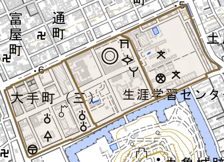 大手町とその周辺の地図。町の範囲を重ねている