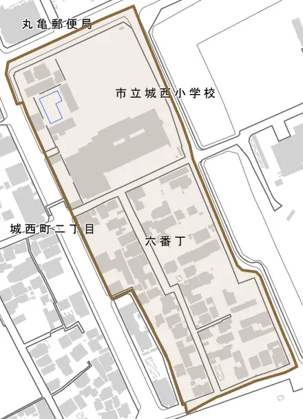 六番丁とその周辺の地図。町の範囲を重ねている