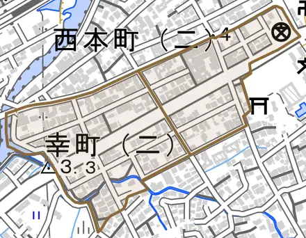 幸町とその周辺の地図。町の範囲を重ねている