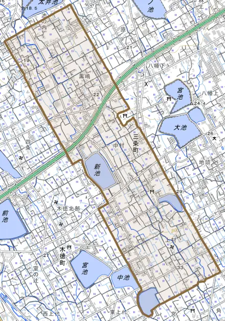 三条町とその周辺の地図。町の範囲を重ねている