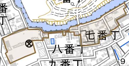 七番丁とその周辺の地図。町の範囲を重ねている
